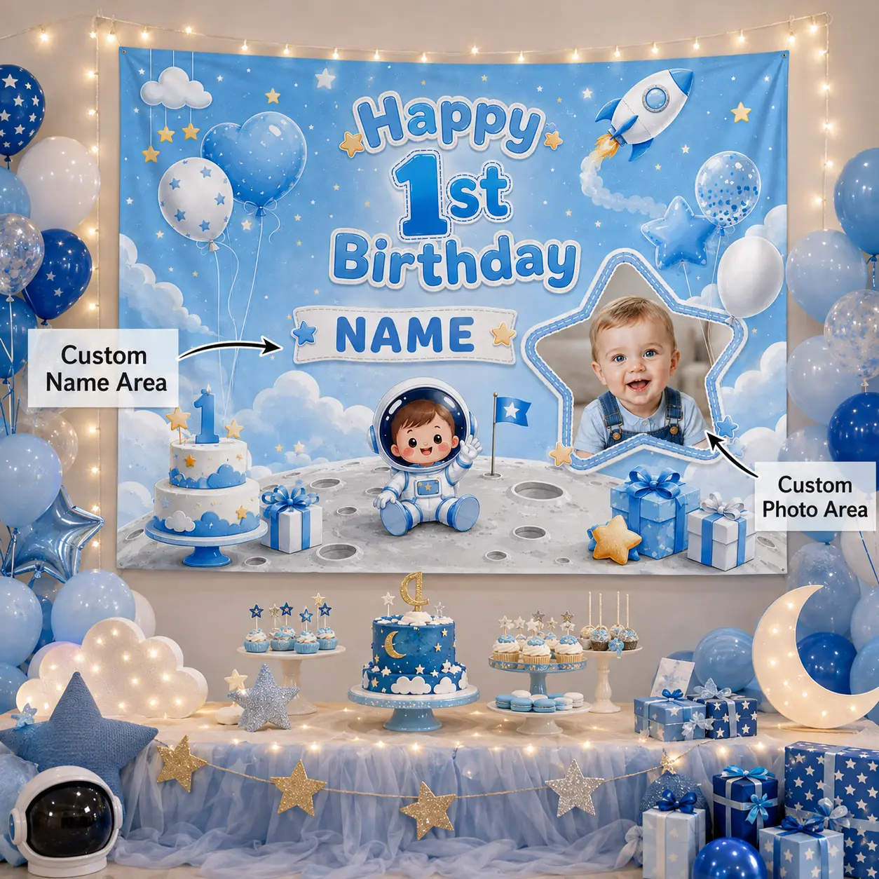 Personalized 1st Birthday Space Backdrop with Custom Photo & Name, Light Blue Rocket Astronaut Moon Party Banner, Baby First Birthday Photo Booth Decorations