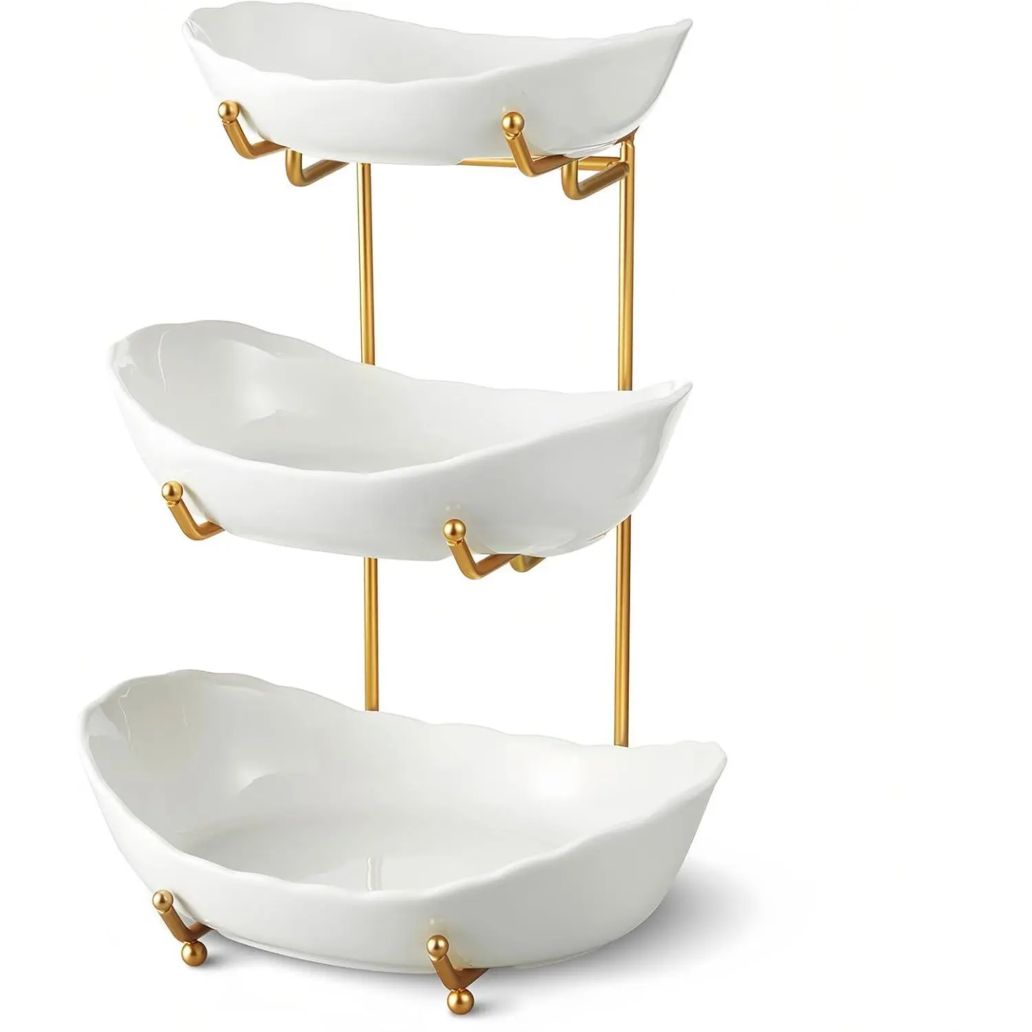 Ceramic Fruit Bowl for Kitchen Counter - 3 Tier Fruit Basket with Metal Stand, Tiered Fruit Stand for Countertop, Snack, Nuts, Cake, Dessert, Cute (Gold, Small)
