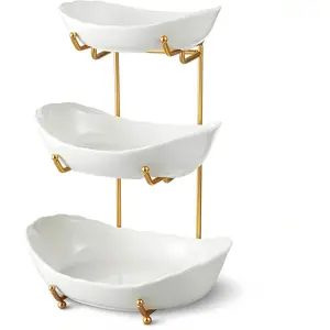 Ceramic Fruit Bowl for Kitchen Counter - 3 Tier Fruit Basket with Metal Stand, Tiered Fruit Stand for Countertop, Snack, Nuts, Cake, Dessert, Cute (Gold, Small)