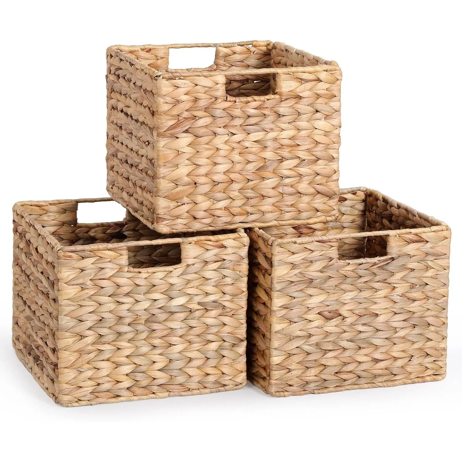 12x12x10in Water Hyacinth Storage Basket Large, Folding Cube Woven Wicker Storage Basket for Shelves, Pantry Baskets Organization and Storage, Kitchen Storage Baskets, Large Rattan Basket Set of 3