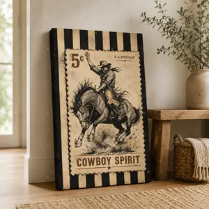 Vintage Cowboy Spirit Stamp Vertical Canvas Wall Art, Retro Western Poster, Home Decor for Living Room Bedroom Cabin, Available as Unframed Canvas Poster or Framed Canvas Wrap