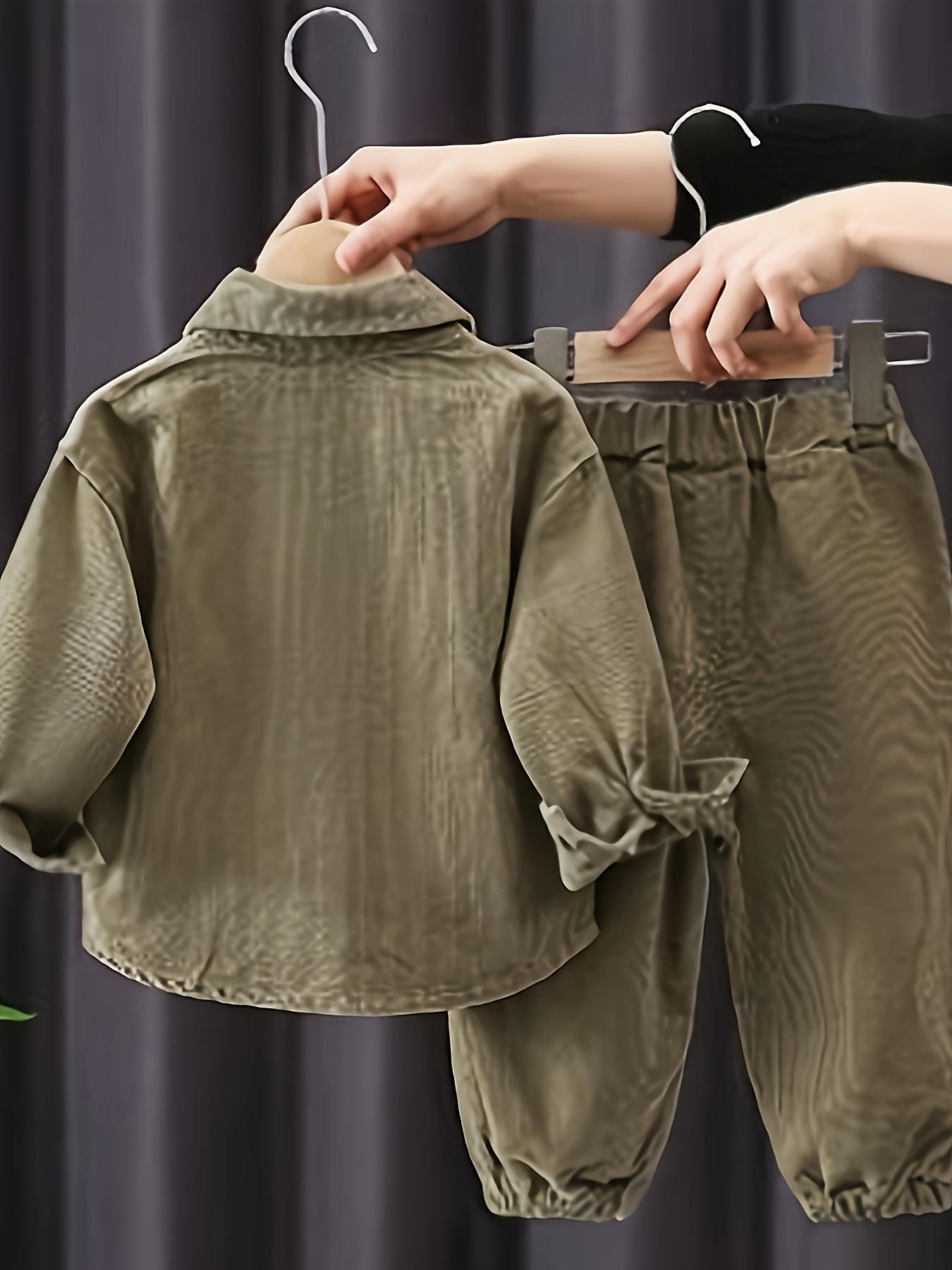 New(New)Spring New Boys' Letter Corduroy Long Sleeve Set, Autumn Casual Turn- Collar Shirt and Pants Three-Piece Outfit, Perfect for Outdoor