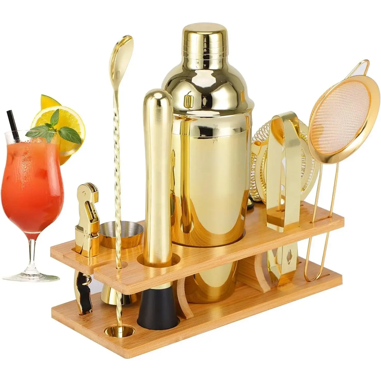 Bar Tender Kit 11 - Shaker-Muddler for 25oz Boston Shaker - Bar Accessories with Stylish Stand Mix Drink Shaker Kit, Martini Kit with Recipe Booklet