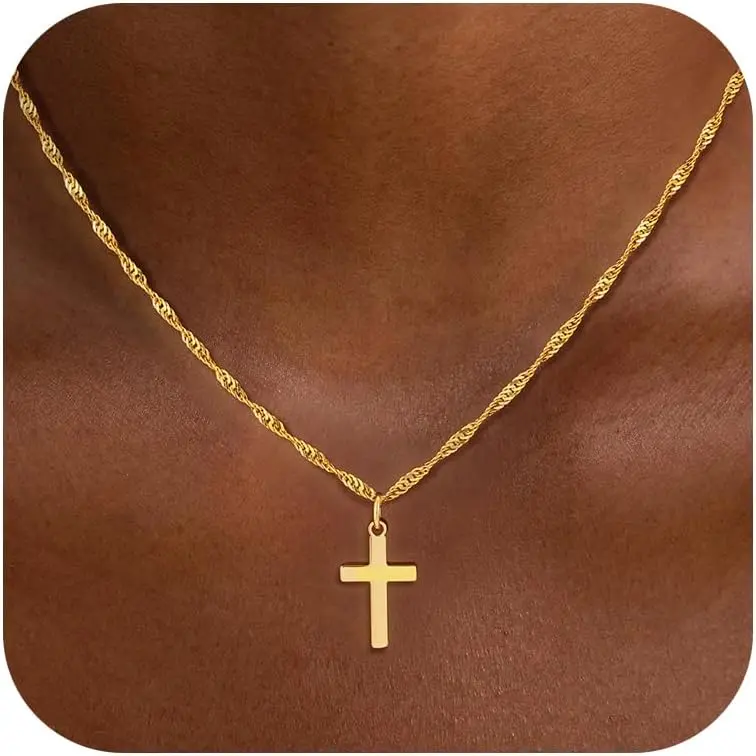 Women's 18 Karat Real Gold Plated Small Cross Necklace - Dainty, Minimalist, Non-Tarnishing, Waterproof, Elegant Daily Christian Religious Faith Jewelry, Easter Gift