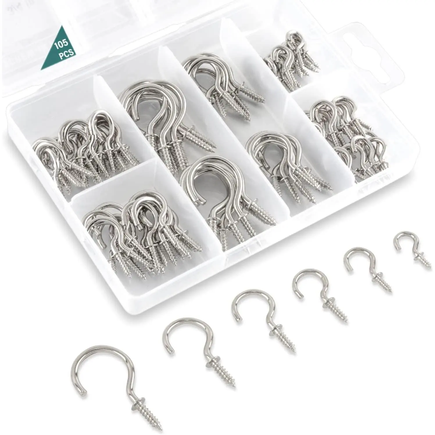 105 count Screw Hooks, 6 Sizes  Cup Hooks, Screw in Hooks for , Metal Cup Hook Screw in (1/2", 5/8", 3/4", 7/8", 1'', 1-1/4")