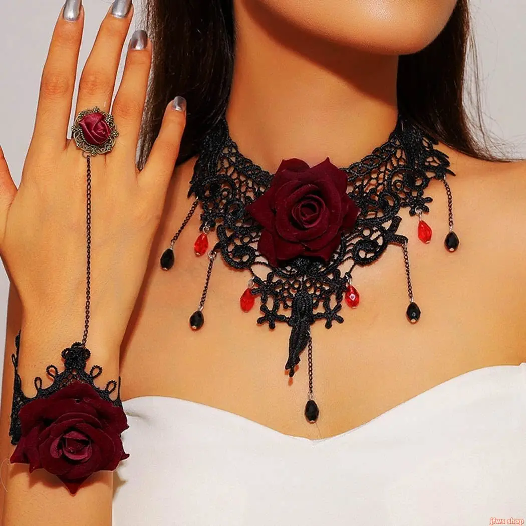 Black Lace Choker Necklace Set Rose Flower Necklace Bracelet Ring Set Vintage Hallow Necklace Jewelry for Women and Girls homedecor