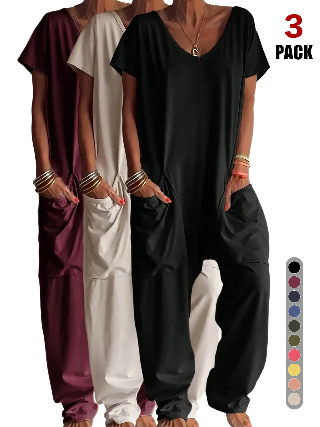 3pcs V Neck Short Sleeve Jumpsuit, Drop Crotch Harem Overall, Soft Stretch Knit Fabric, Big Side Pockets, Casual Daily & Vacation Wear