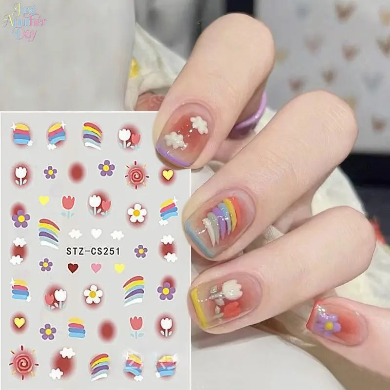 5pcs 2026 New Dopamine Style Nail Art Stickers, Self-Adhesive Colorful Rainbow, Tulip, Sun & Cloud Nail Decals, No-Bake DIY Nail Art Accessories for Girls & Women