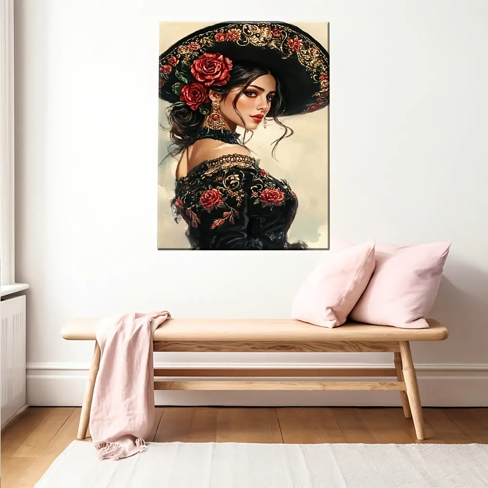 Wooden Framed Canvas Art - Embroidered Mexican Woman in Black Dress with Roses, Layered Marble & Animal Design, Decorative Vintage-Modern Wall Decor for Living Room, Kid Room, High-Quality Wrap-Around Frame, Gift, One-Piece