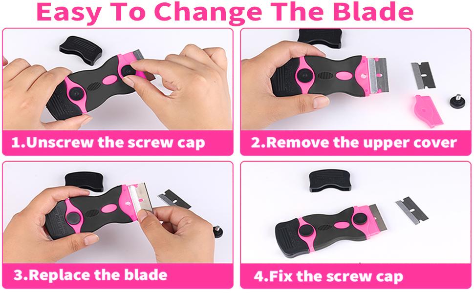 Pink Razor Blade Scraper Tool, Cleaning Razor Scraper for Glass, Glass Top Stove Scraper for Oven Door, Razor Scraper Gift for Women, 2-in-1 Scraper Tool Set with 20Pcs Razor Blades for Removing Window Labels (2 Pack)