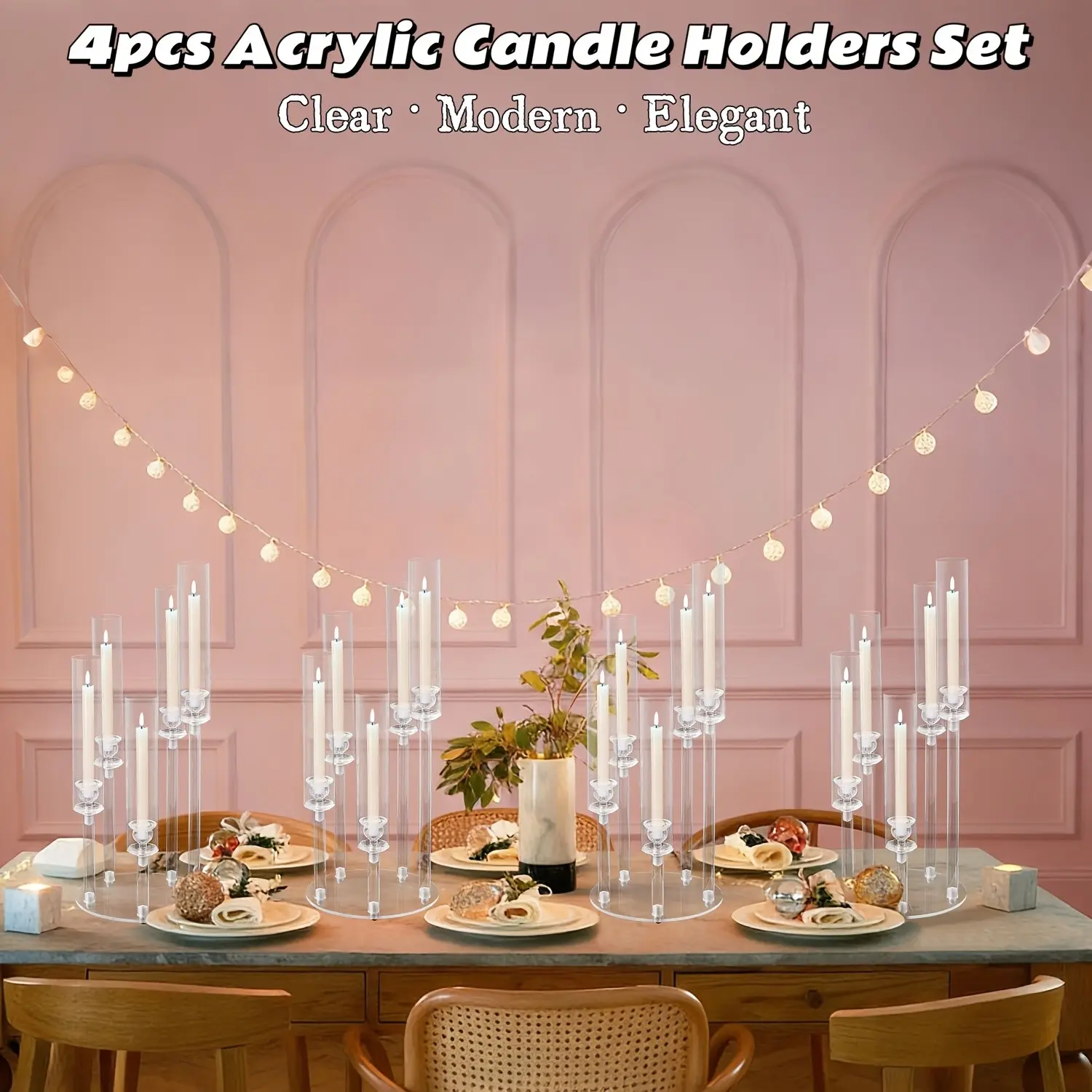 4pcs 5arm Acrylic Candle Holders Set, Clear Taper Candlestick for Christmas Decorations Table Centerpiece, Modern Geometric Candlestick for Wedding Party, Home Decor, Mother's Day Gift