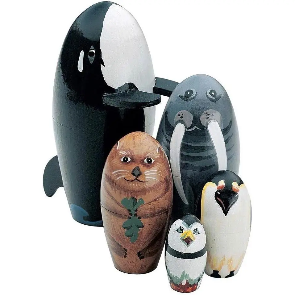 Willy and Friends Wooden Russian Nesting Matryoshka Dolls, Sea Life Animal Figurines Whale Walrus Penguin Stacking Dolls Set of 5