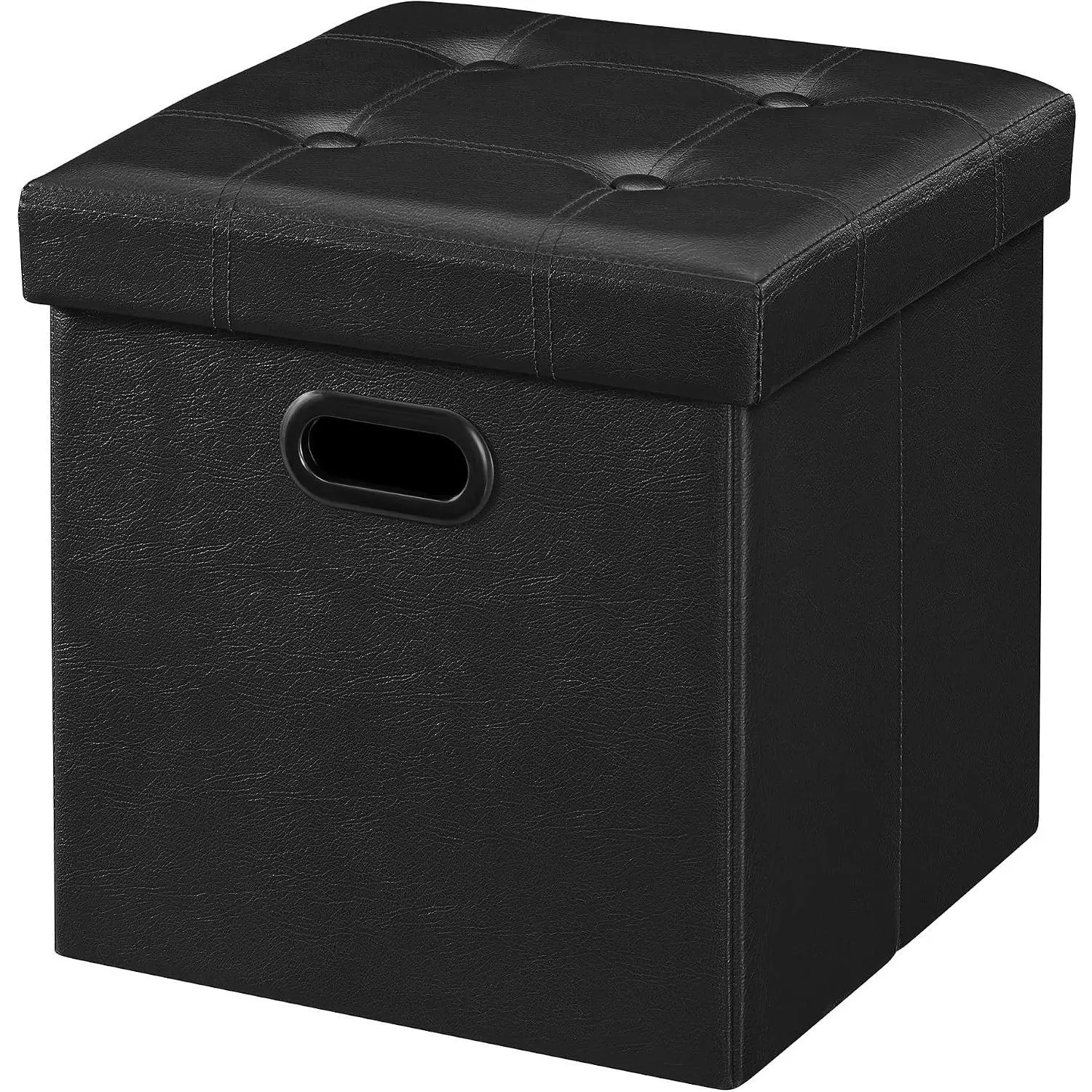 15-Inch Storage Ottoman Footstool with Metal Grommet Handles, 660 lb Load Capacity, Synthetic Leather, Black, for Dorm, Living Room, BedroomGift