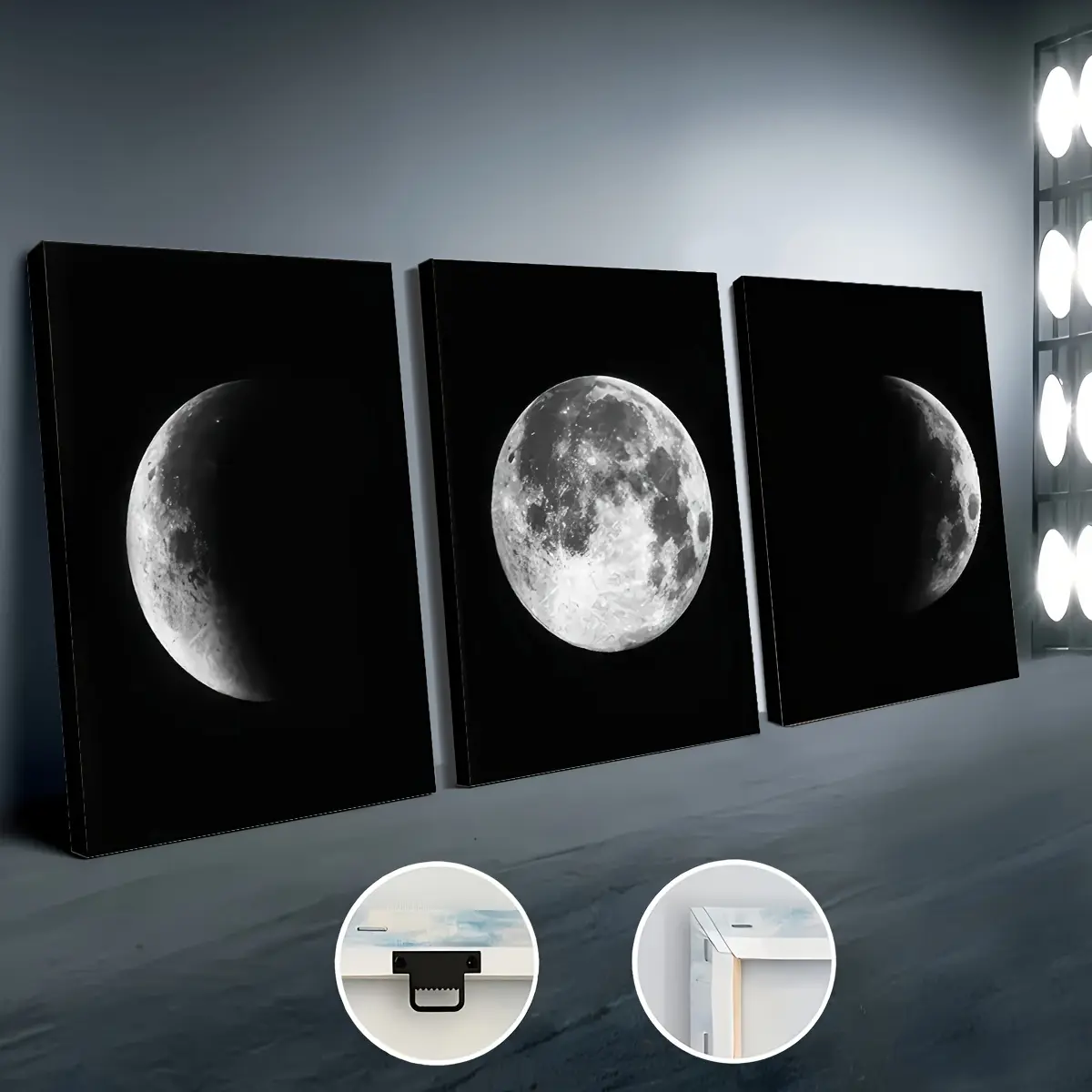 3-piece framed canvas art and poster set - pre-mounted, modern minimalist moon phase artwork, high-definition black and white print, wooden frame, perfect for decorating living rooms, bedrooms, and offices, ideal gift, moon-themed decoration
