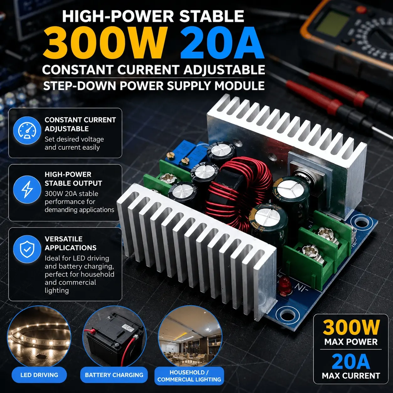 Programmable DC Buck Converter | CV CC High Current Reg. | Industrial LED Driver/Charger | Smart Protection, Metal Cooling | Durable DC Power Supply for Lab, Home & Industrial