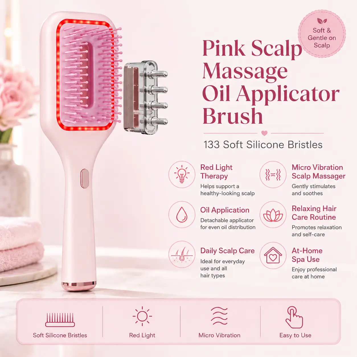 Pink Scalp Massage Oil Applicator Brush with 133 Soft Silicone Bristles, Red Light Therapy & Micro Vibration Scalp Massager for Oil Application, Relaxing Hair Care Routine, Daily Scalp Care & At-Home Spa Use