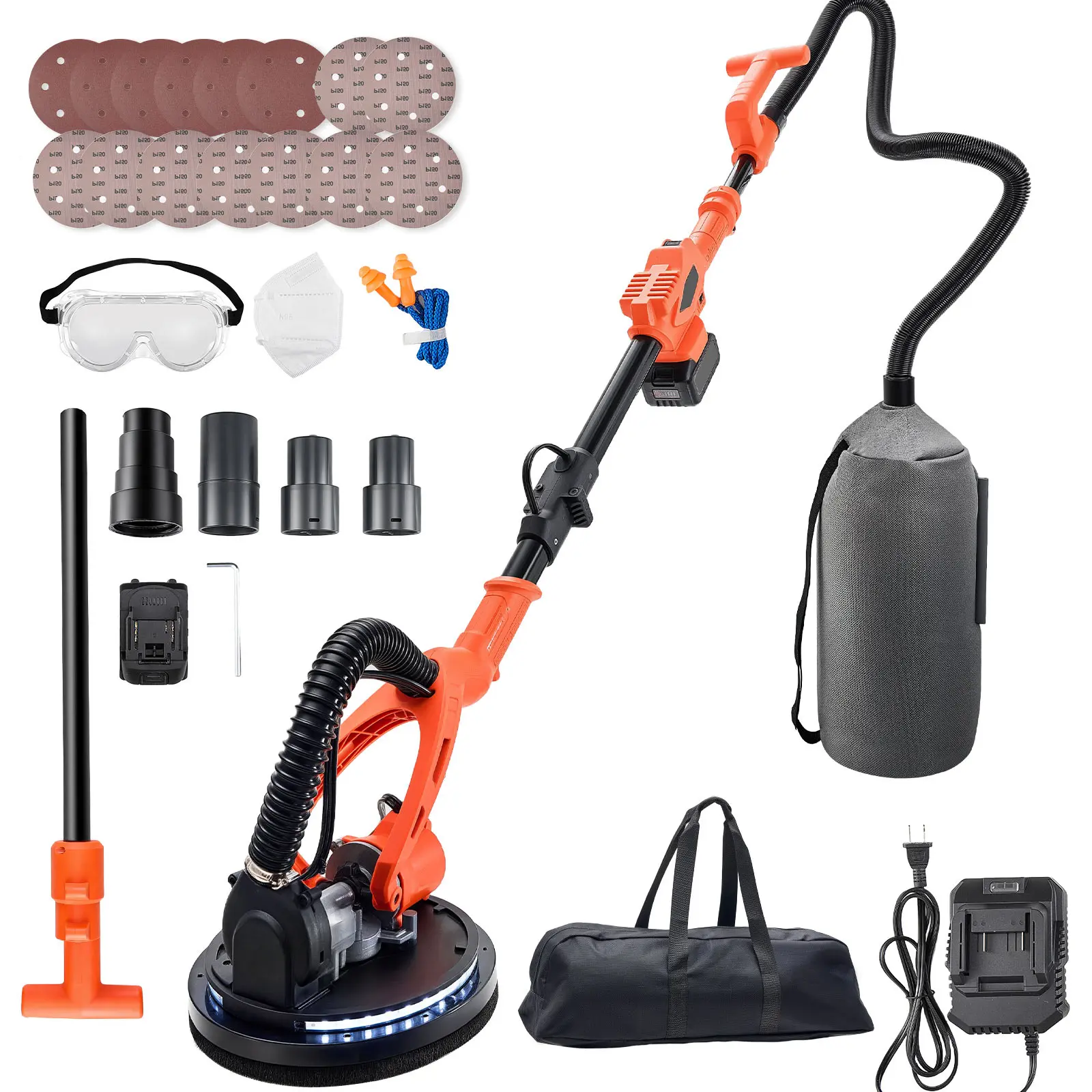 Cordless Drywall Sander, 450W Electric Sander, Popcorn Ceiling Removal Tool with Vacuum Dust Collection, 7 Variable Speed 0-1600 RPM, LED Light, Foldable & Extendable Handle, 15 Sanding Discs