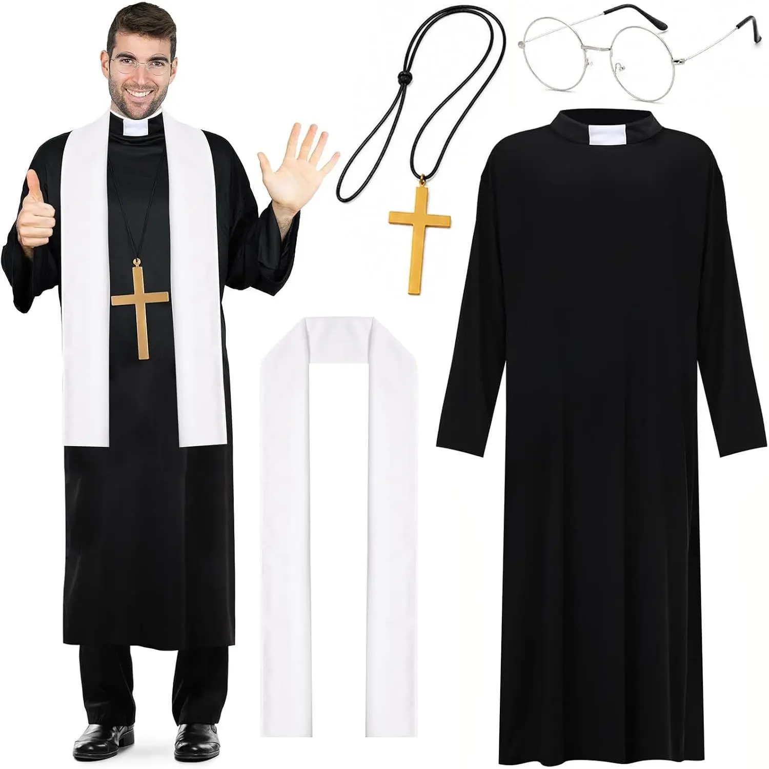4-Piece Priest Costume for Men with Robe, Stole, Plastic Cross & Glasses for Adult Halloween Exorcist Dress Up(Gift)