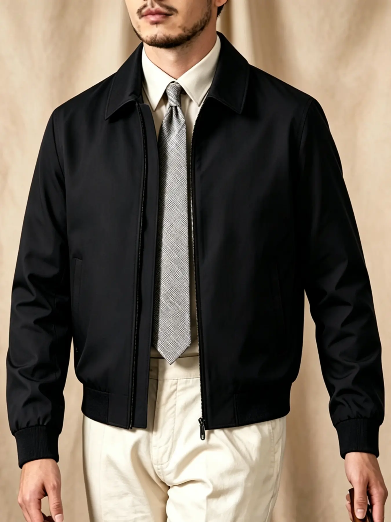 Men's Vintage Golf Jacket, Casual Commuter Jacket, Simple Leisure Outerwear, Business Daily Thin Coat, Side Pockets, Multi-Functional Spring Fall Flight Jacket