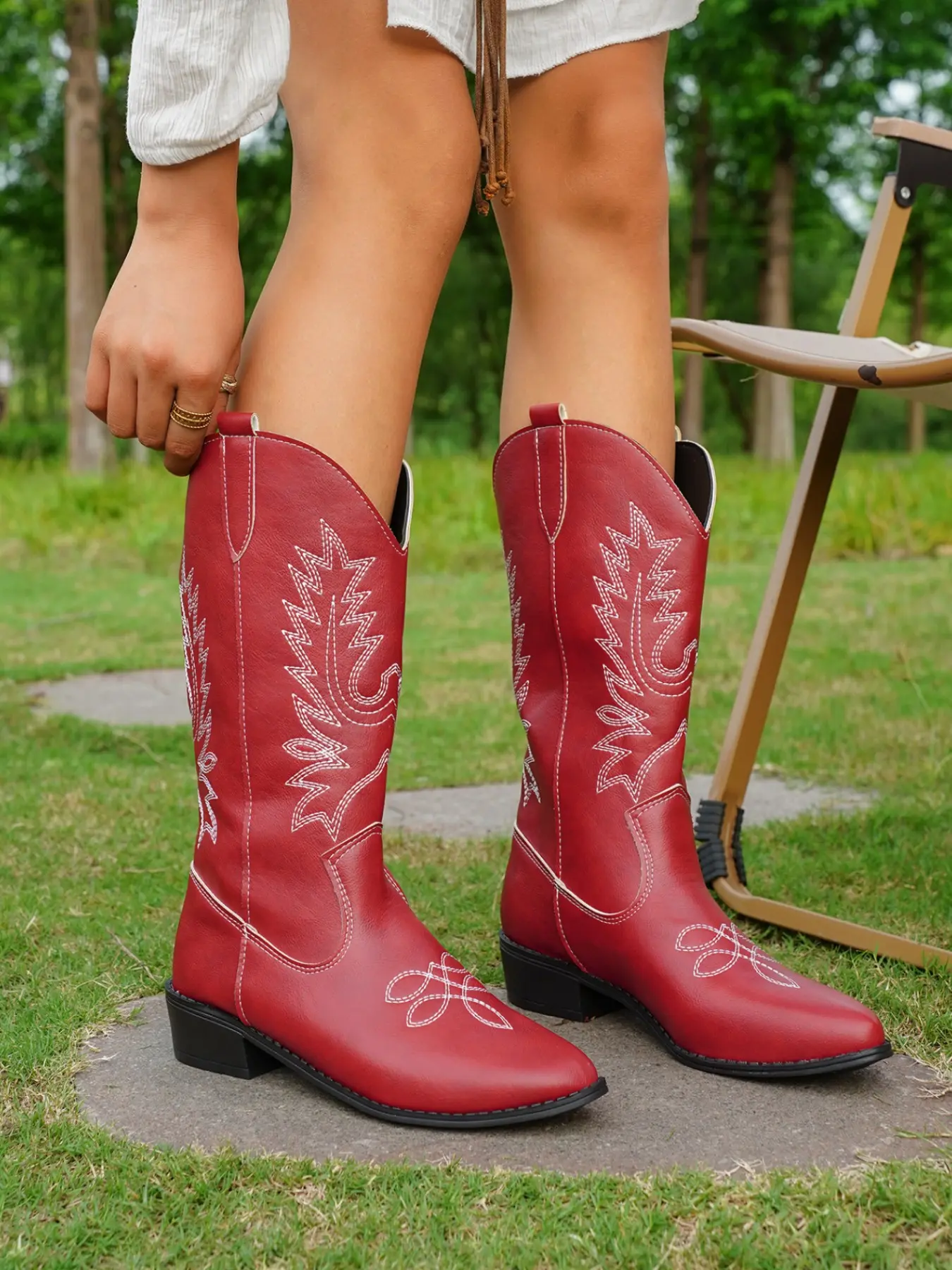 American Western Embroidered Cowboy Boots, Spring Fall New Pointed Toe Mid-Calf Boots, Retro Knight Boots, Trendy Soft Sole Women's Shoes