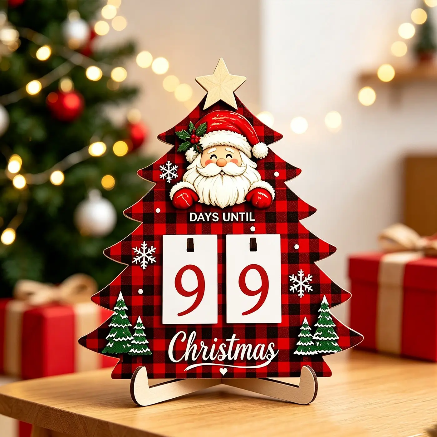 Wooden Christmas Tree Countdown Calendar, Buffalo Plaid Santa Advent, 0-9 19 Replacement Cards, Desk Decor for Home Office, Xmas Gift
