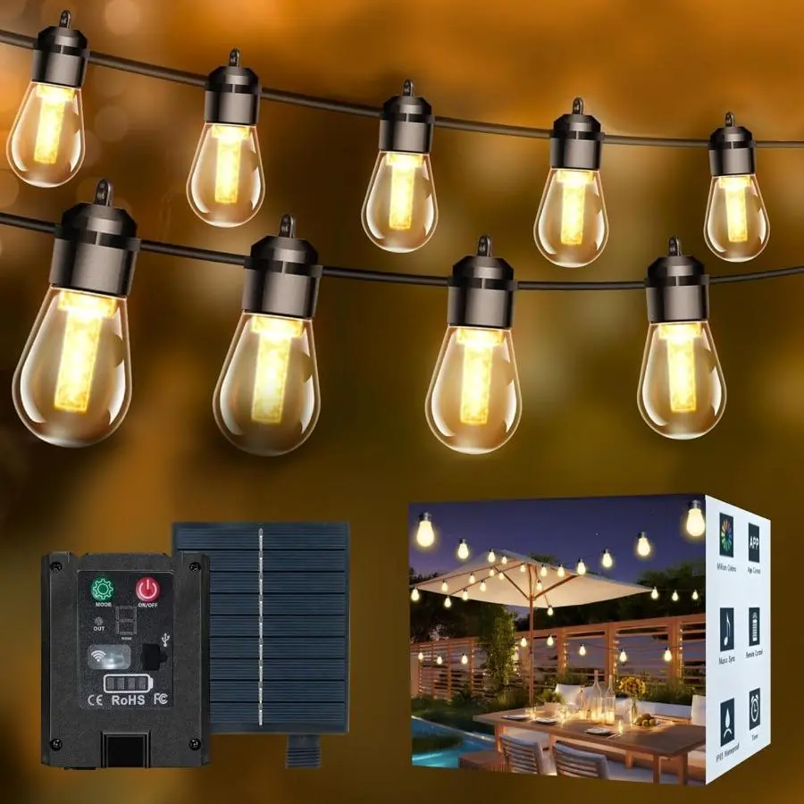 Solar Lights Outdoor Waterproof LED IP66 with 15 Edison Bulb Warm White String Lights Patio Lights Decorate for Christmas Camping Wedding Birthday Backyard Gazebo Party