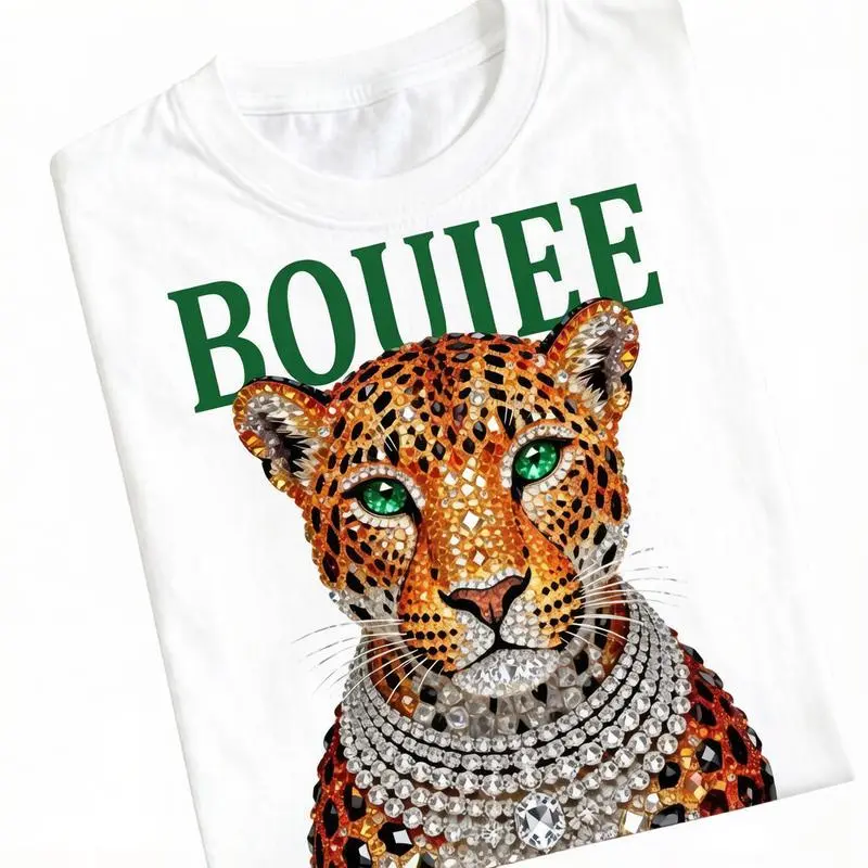 Loose Fit Graphic T-Shirt, Rhinestone Style Leopard BOUIEE Letter Printed Craft Tee, Soft Breathable Short Sleeve Top, Luxury Trend Animal Print Outfit For Men Women, Fashion Wild Cat Graphic Shirt For summervibes