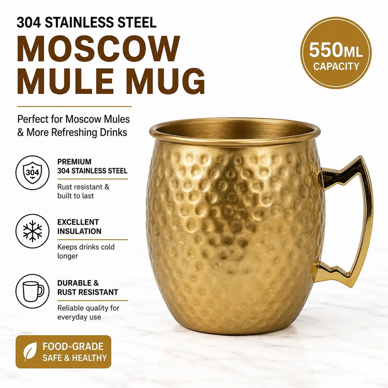 18oz Hammered Copper Moscow Mule Cup, Thickened 304 Stainless Steel Russian Beer Mug, Cocktail Glass, Durable Cold Drink Cup, Drinkware