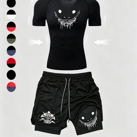 Men's Sporty Tight-Fit Quick-Dry Tee & Multi-Pocket Shorts Set, Breathable Sports Set, Activewear Shorts Sets, Ideal for Gym Running Training Fitness, Summer Outdoor Activities, Activewear Clothing