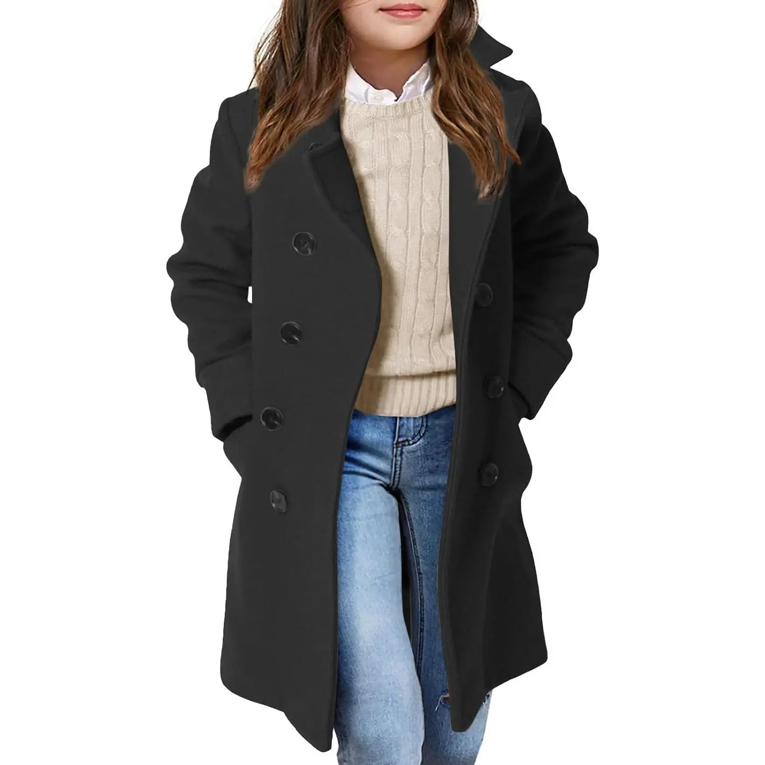 Girls Double Breasted Trench Coat Kids Notch Lapel Long Peacoat with Pockets 5-14 Years