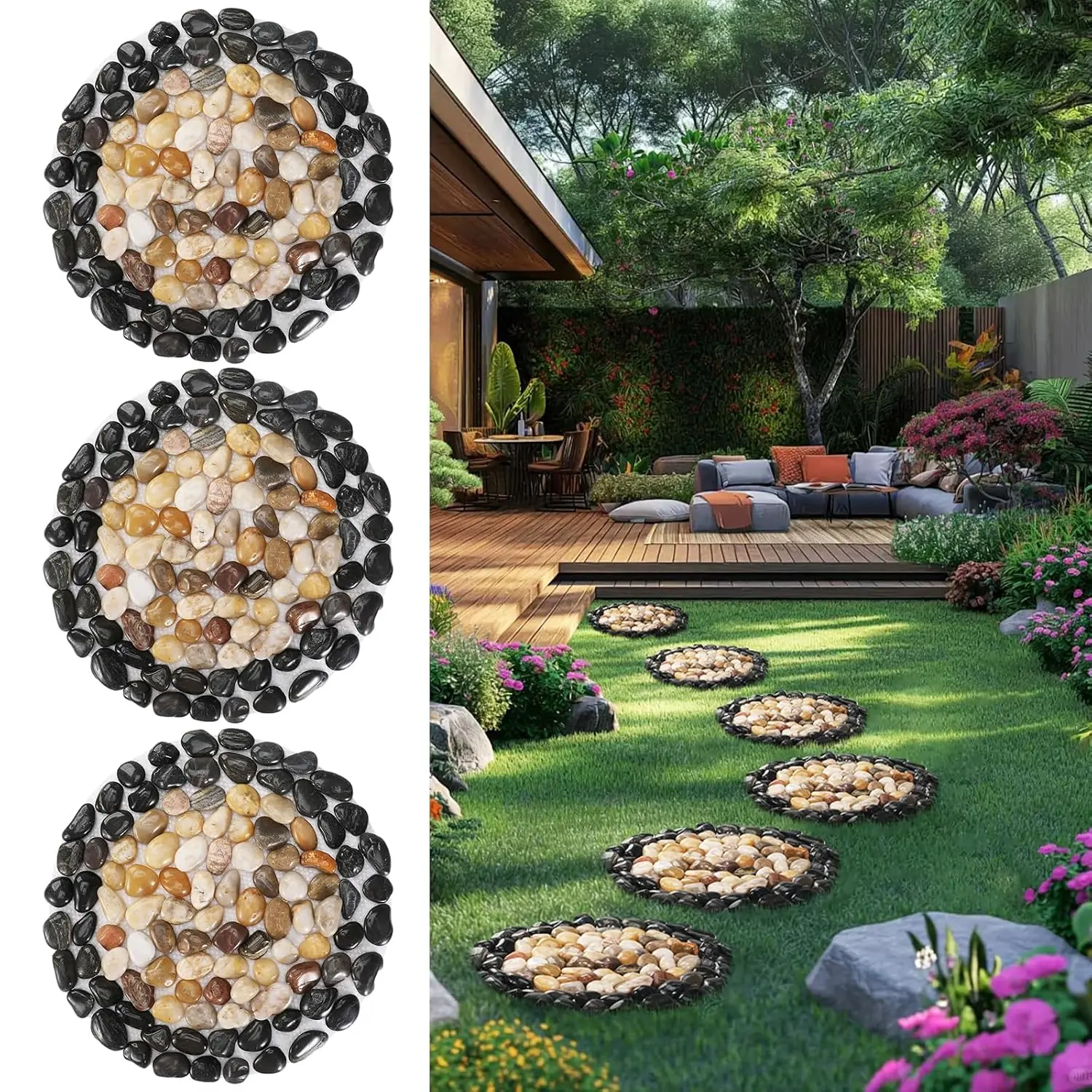 Garden Path Stepping Stone-12 inch Round  Massage Stones,3pcs Outdoor Decorative Stone Mats for Yard Pathway, Non-Slip Acupresure Floor