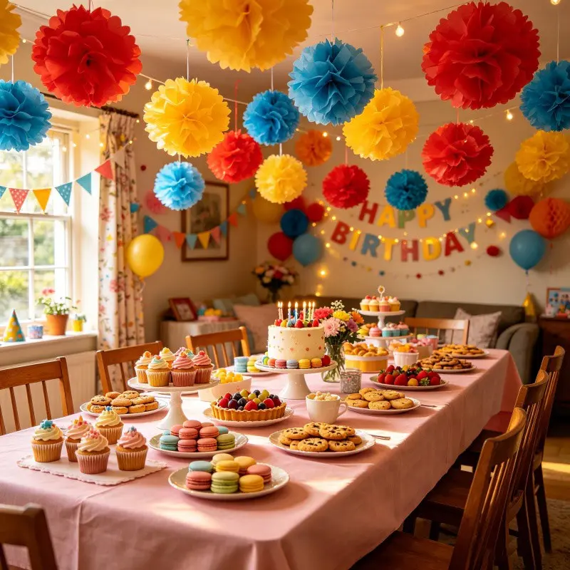 16pcs Primary Color Pom Pom Decor Set, Bold Bright Hanging Flower Balls, Foldable Ceiling Ornaments for Parties, Festivals, Gatherings