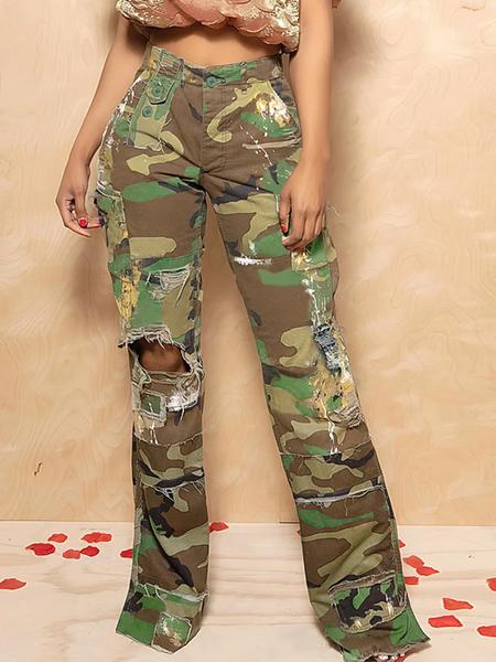 Women's Fashion Camouflage Print Cargo Pants, Casual Street Style Long Straight Leg Trousers, Spring & Fall Fitted Multi-Pocket Design