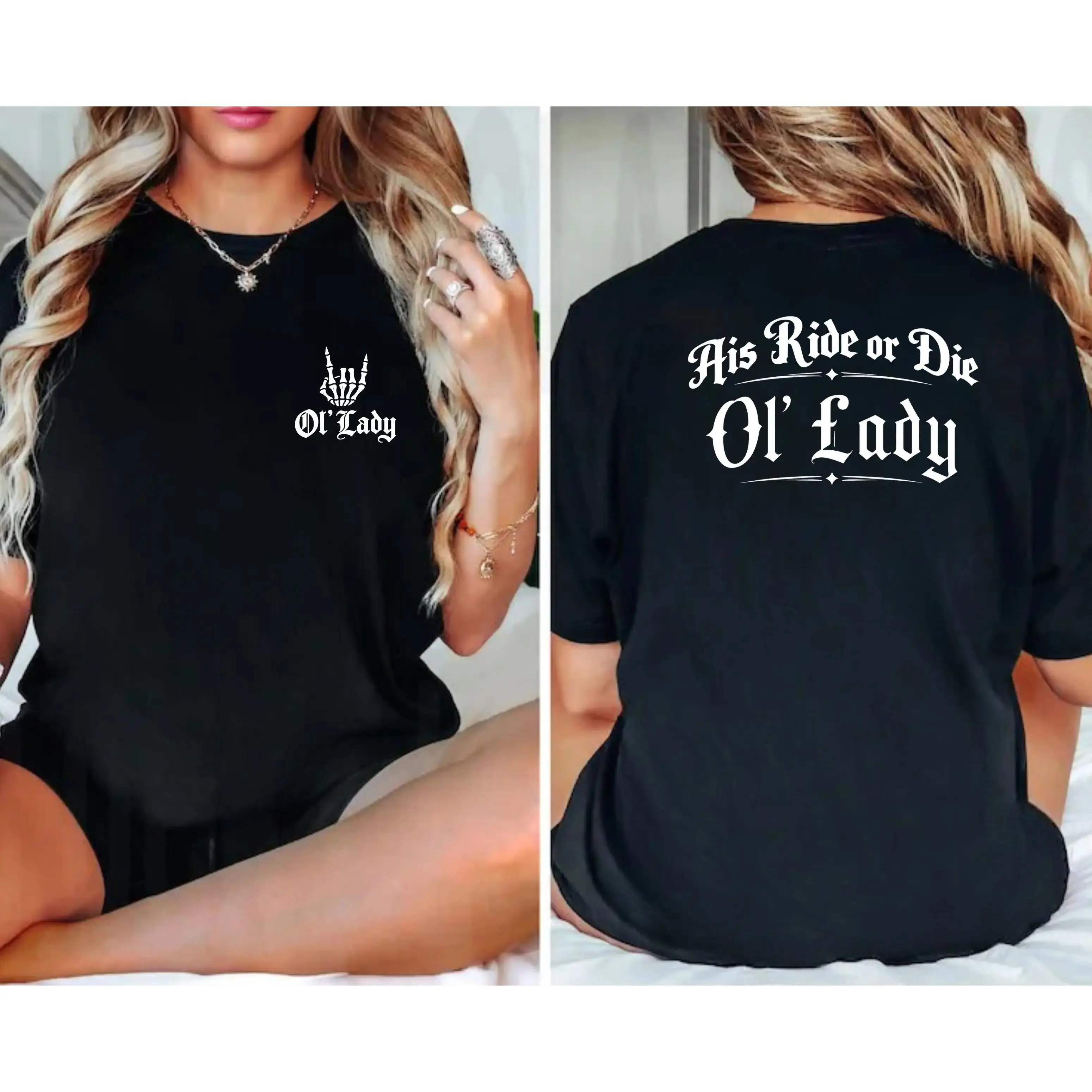 Women's Short-Sleeve His Ride or Die Ol’ Lady Biker T-Shirt - Western Gothic, Casual Everyday Statement Motorcycle Top with Pocket teeshirt
