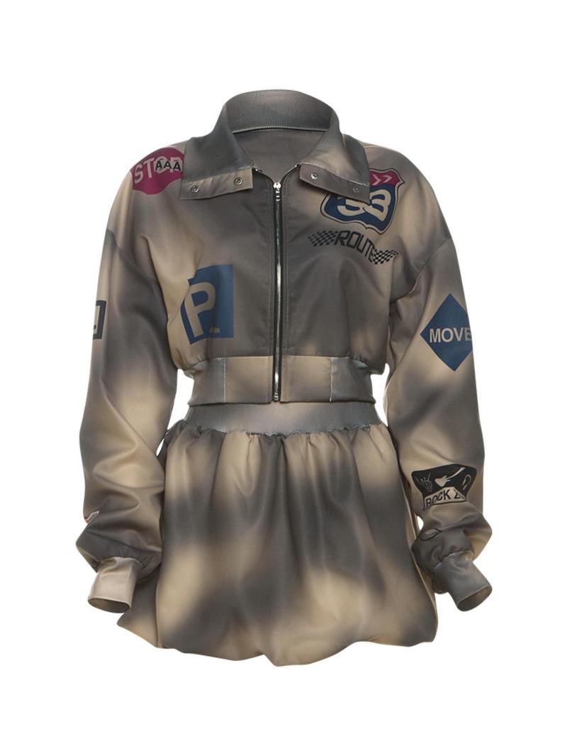 Women's Tie Dye Print Crop Jacket & Elastic Waist Skirt Set, Casual Fashion Drop Shoulder Long Sleeve Outerwear & High Waist Skirt for Daily Outdoor Wear, Two Piece Set Women, Ladies Spring Fall Clothes, Women's 2 Piece Sets