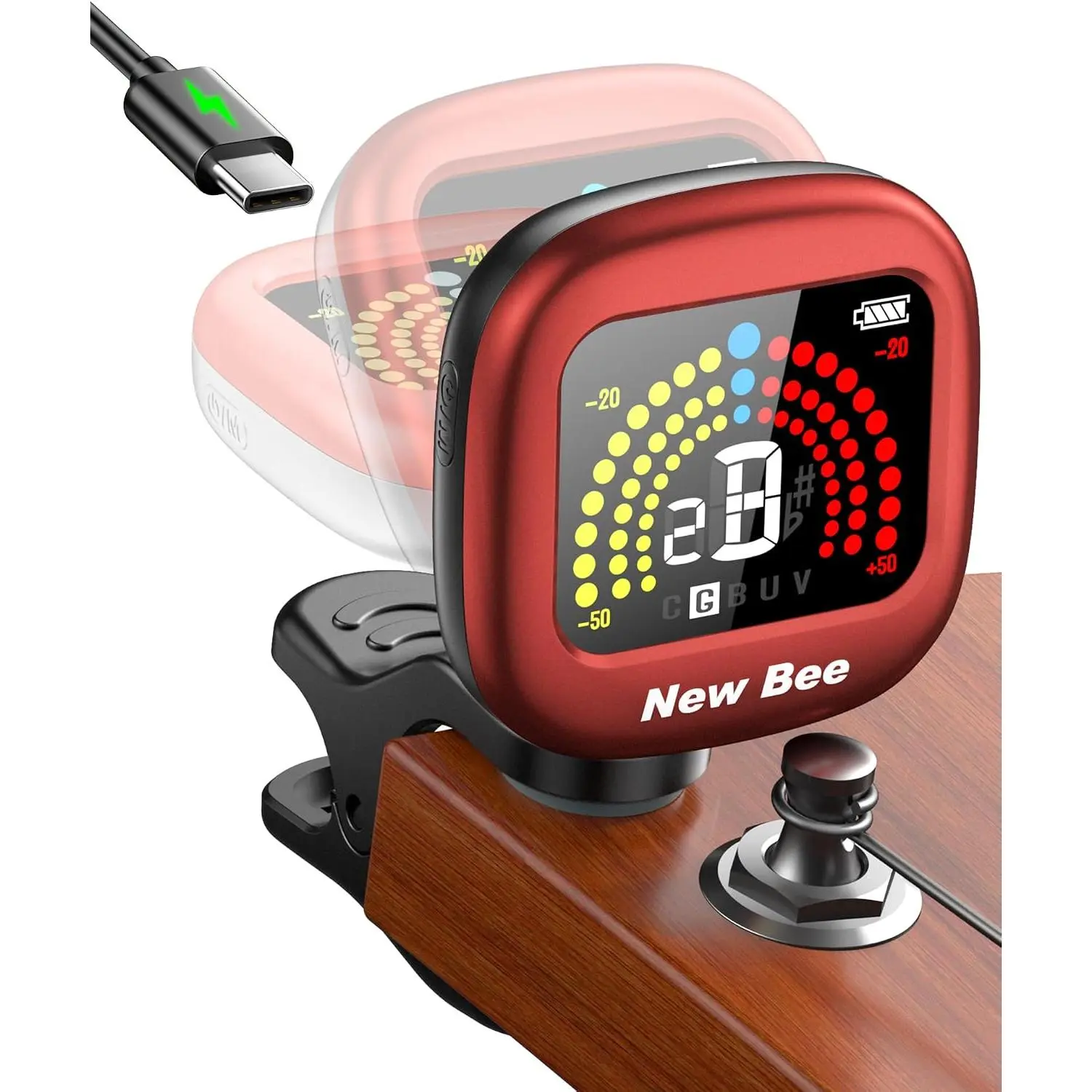 New bee Guitar Tuner Rechargeable, Color Screen Clip On Tuner (Red, 1 Pack) | 360° Rotatable, Fast & Accurate Chromatic Tuning, for Guitar, Bass, Ukulele, Violin, Cello