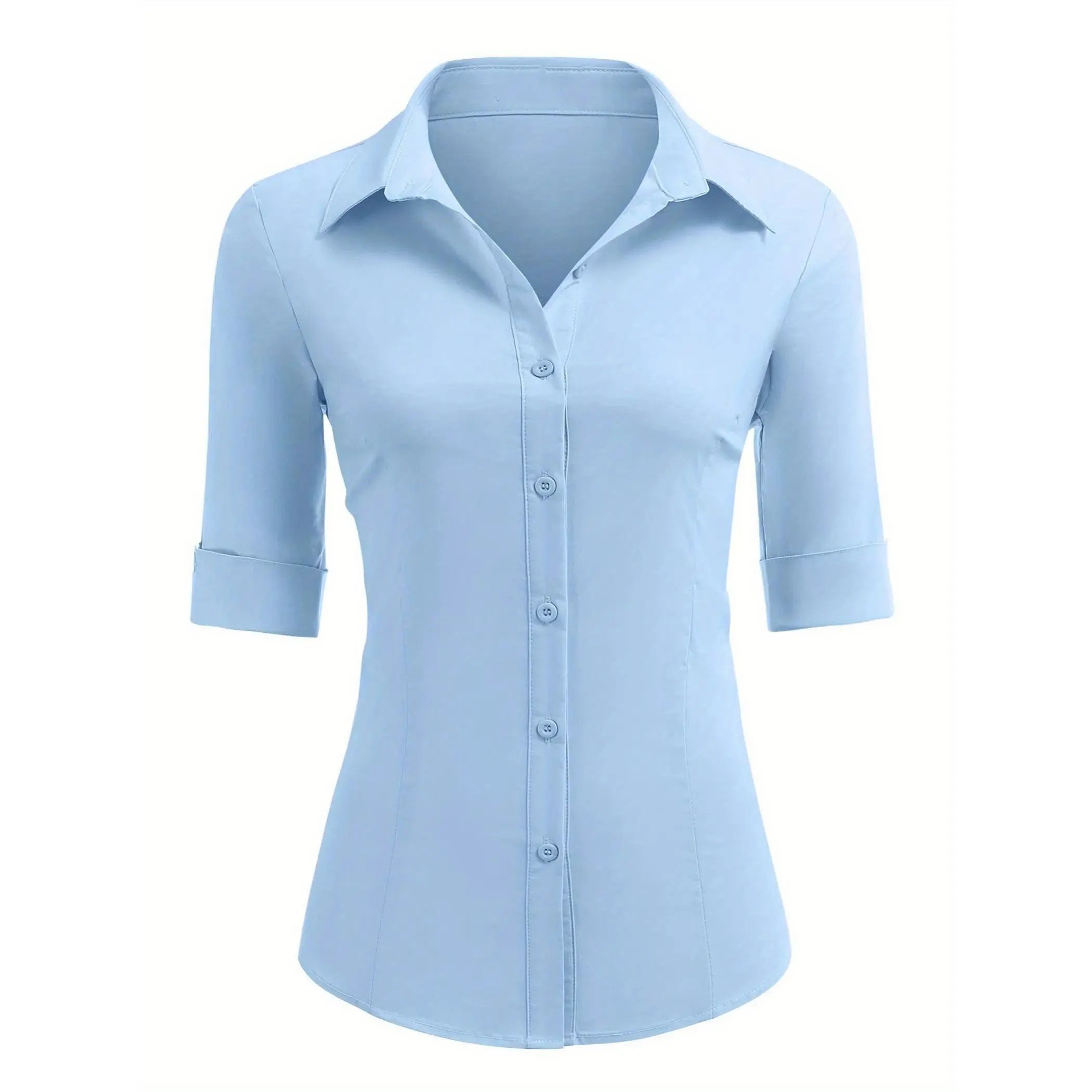 Women's Basic Button Shirts 3/4 Sleeve Stretch Button Up Dress Shirt Slim Fit Waitress Work Shirts