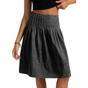 Flowyair Womens Denim Skirt Pleated High Waisted Summer A-Line Knee Length Midi Jean Skirt