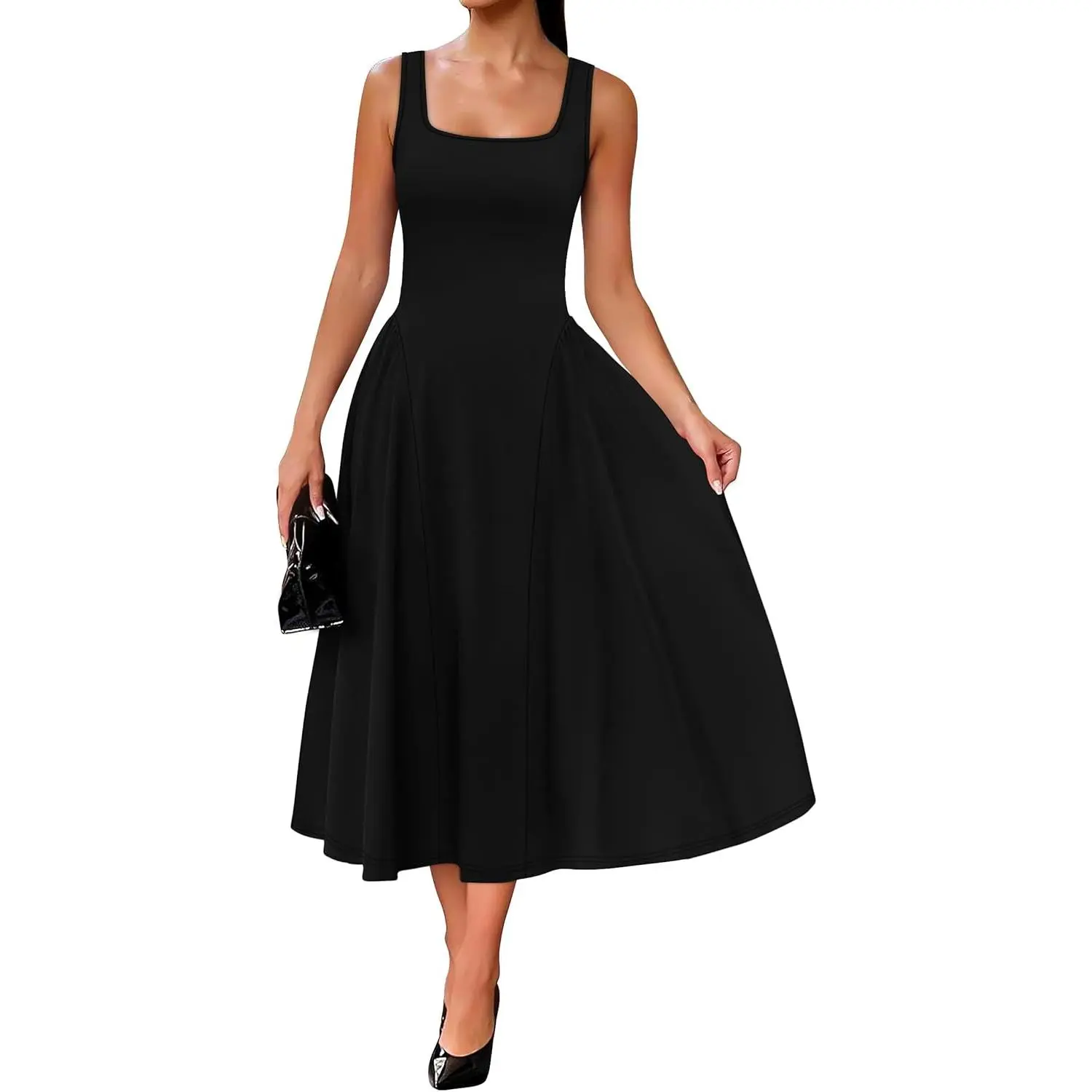 Women's Chic A-Line Midi Dress with Square Neck, a Smooth Flowy Silhouette with Ruched Waist in Thick Fabric for Evening Cocktail Parties, Breathable, Formal, Elegant, Fitted, Flared, Tummy Control, Slimming, Pleated, Below The Knee, Sleeveless, Basic, Sk