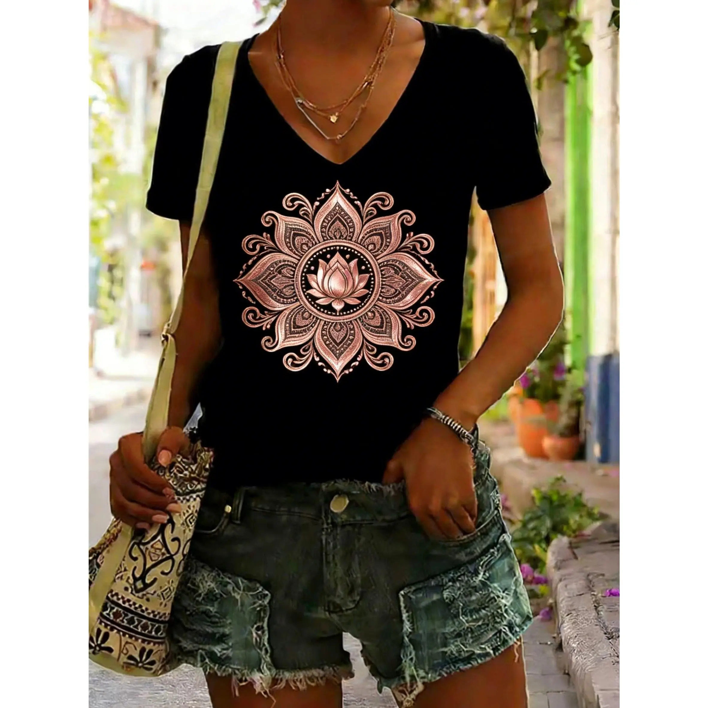 Women's Turquoise Blue and Golden for Lotus Pattern T-Shirt - V-Neck Short Sleeve Roll-Up Sleeve Design, H-Line Silhouette Indian Bohemian Style Top, Suitable for Parties, Weddings, and Daily Wear, All-Season Casual Apparel, Machine Washable
