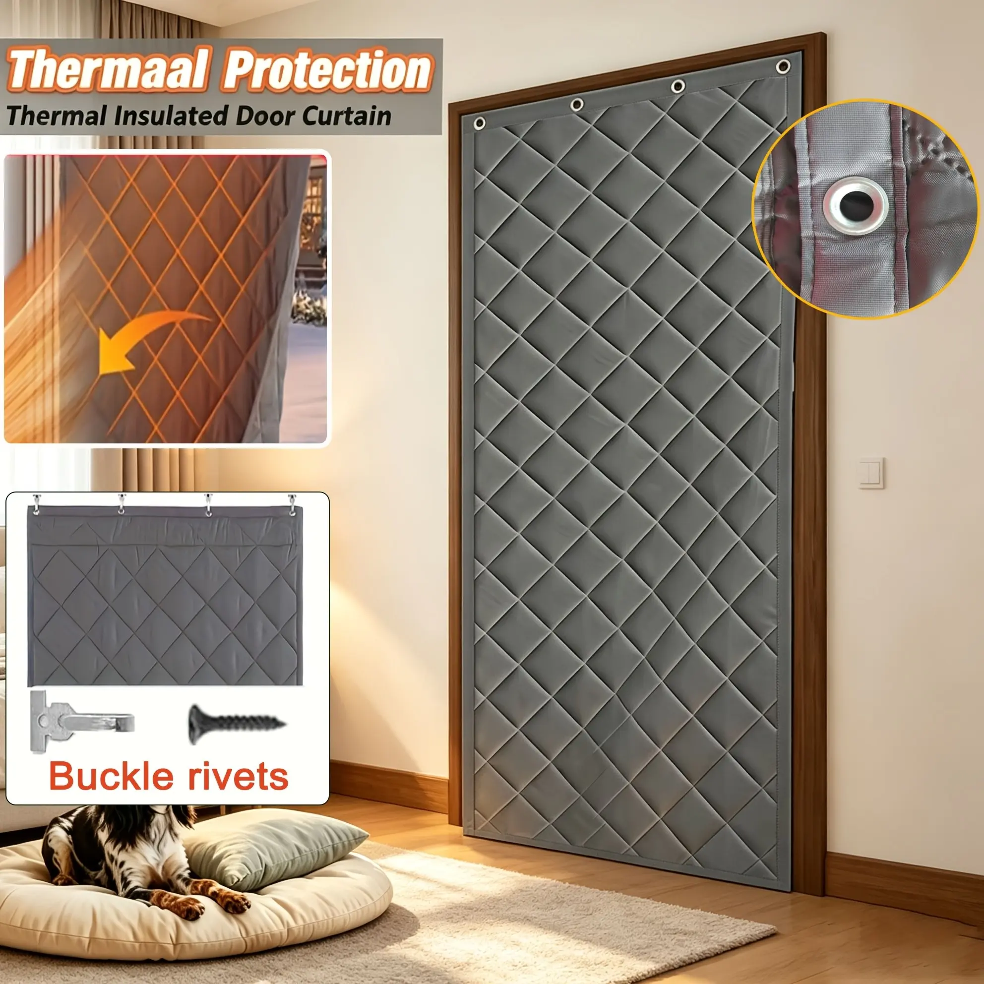 Magnetic Quilted Door Curtain, Automatic Closure Windproof Cold Barrier, Hook Ring Installation, Sound Insulation Privacy Screen, Winter Energy Saving