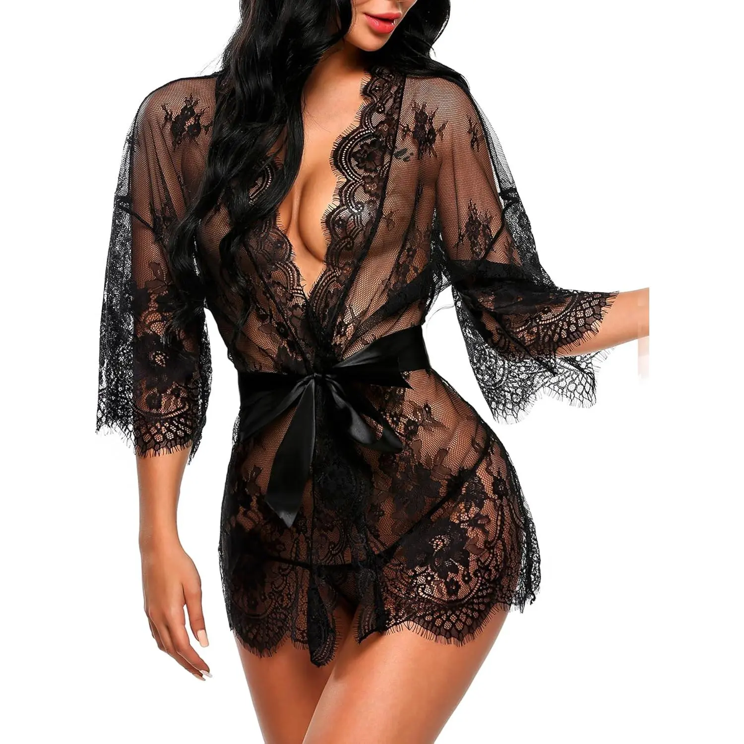Women's Lace Kimono Robe Babydoll Lingerie Mesh Nightgown S-5XL