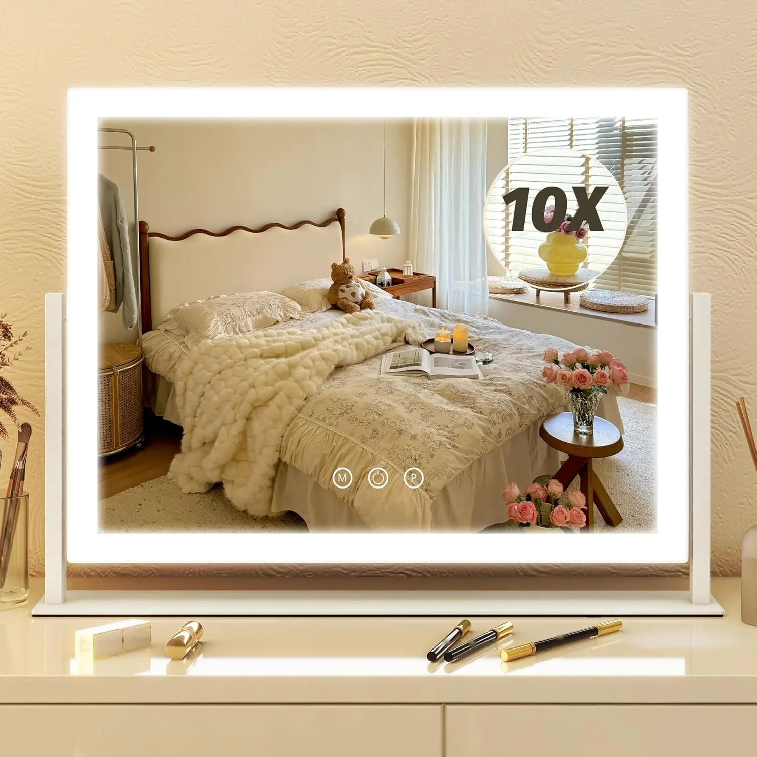 Mirror with Lights 13'' x 17'' Makeup Mirror with Lights,Mirror Screen with 3-Color Lighting,Dimmable,for Desk Bedroom White