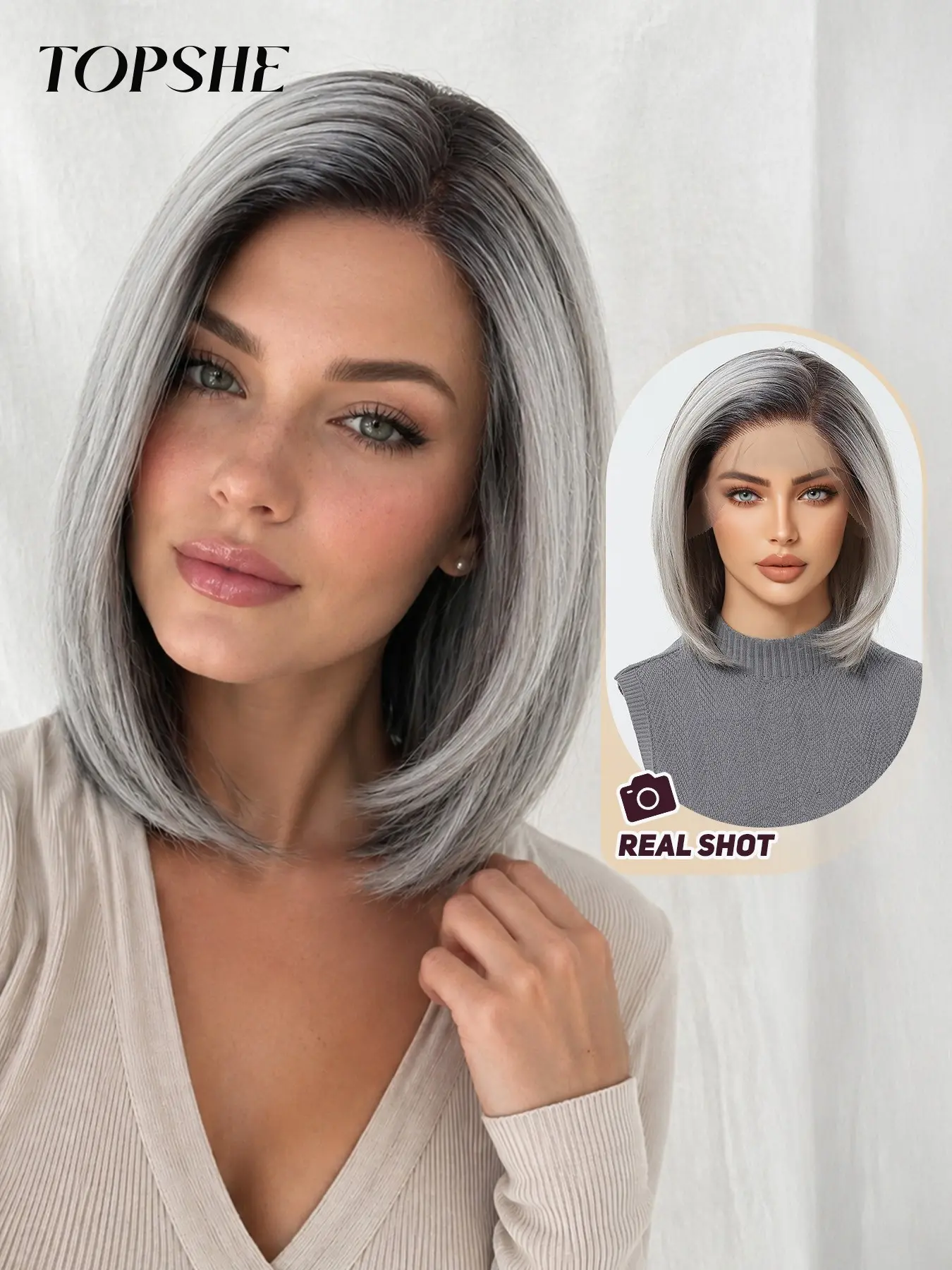 Topshe 12-Inch Silver Color Straight Wig, Heat-Resistant Fiber, Natural Gradient Root, Daily Commute, Women's Synthetic Lace Front Wig