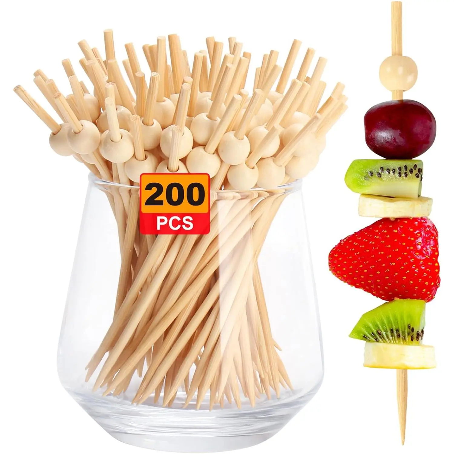 200-Count Sturdy Biodegradable Bamboo Toothpicks - 4.7in Natural Wooden Ball Sticks for Fruit, Appetizers, Drinks - Wedding Decor, Graduation Party Charcuterie Board Accessories