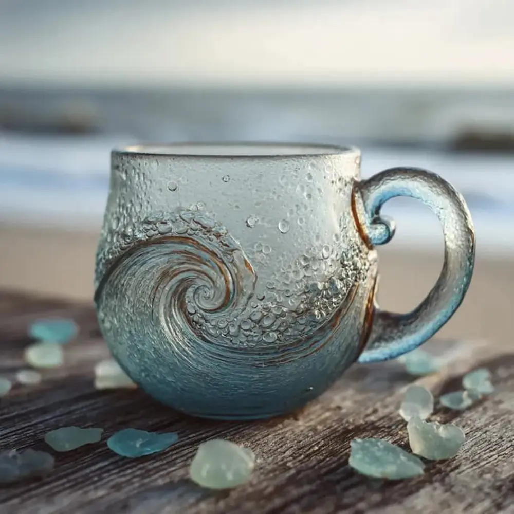 Sea Glass Wave Mug, 12oz Handblown Ocean Wave Glass Mug Cup, Textured Sea Wave Design, Unique Glassware for Tea, Coffee, Cocktails, Beach Lovers & Gift Giving