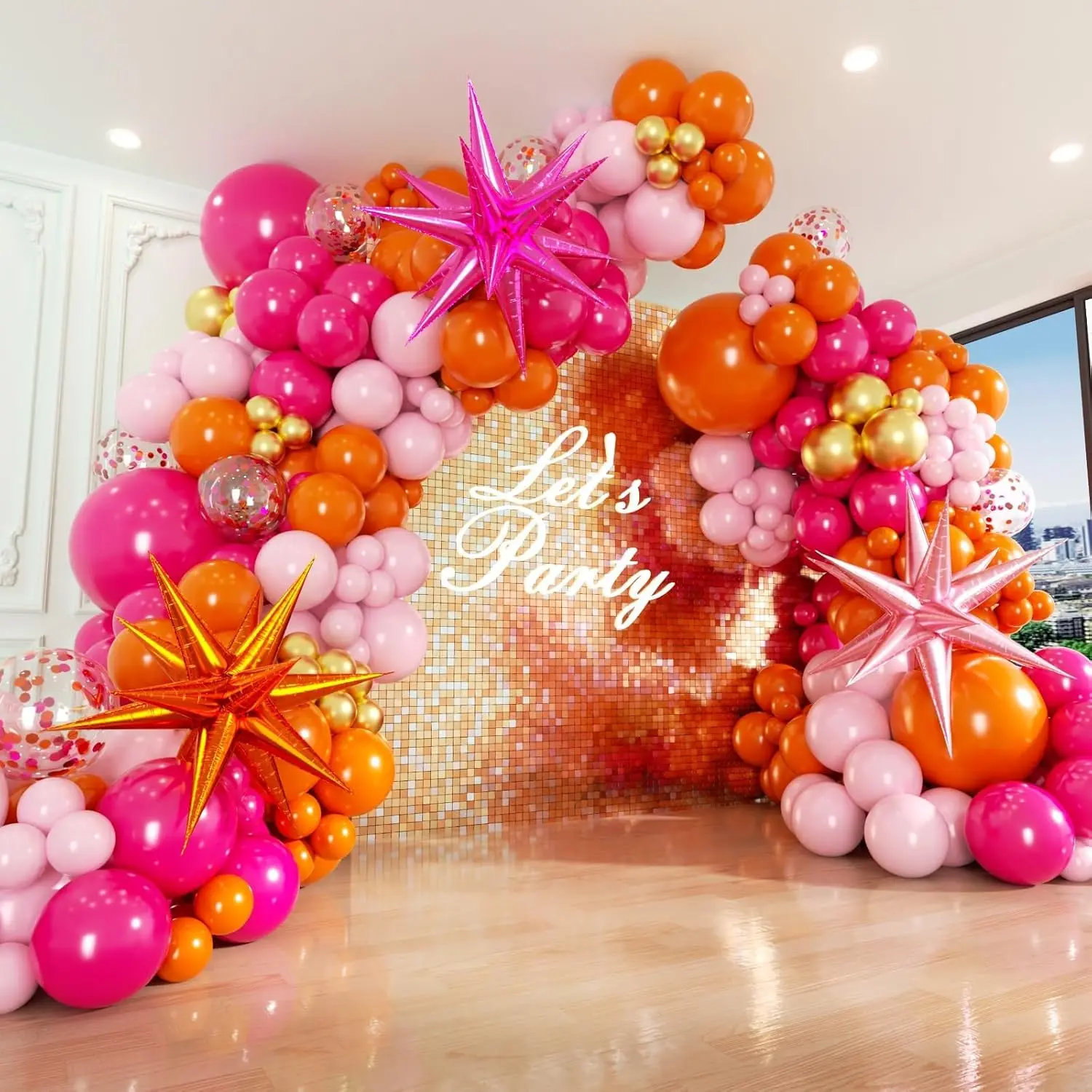 130 count  and Orange Balloon Arch Kit with Metallic  Confetti Hot  and Orange Balloons for Graduation Birthday Party Decorations