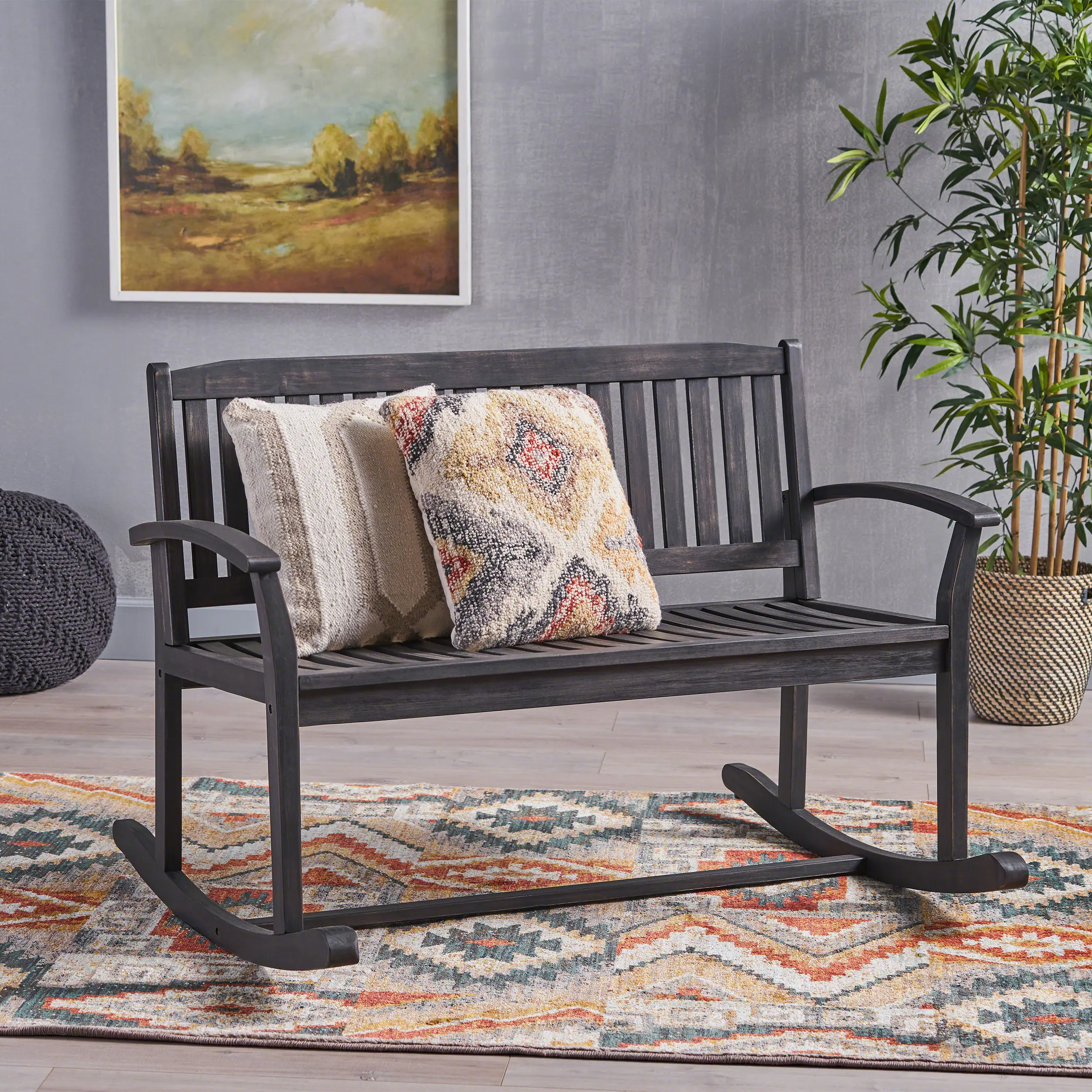 Nokaa Patio Rocking Loveseat for 2 Person, Acacia Wood Outdoor Rocker Bench with Armrests, Slatted Seat & Backrest, Dark Grey Finish, Porch Rocking Bench for Backyard Garden, 37D x 49.5W x 33.5H in, Dark Grey Color, Wood Material