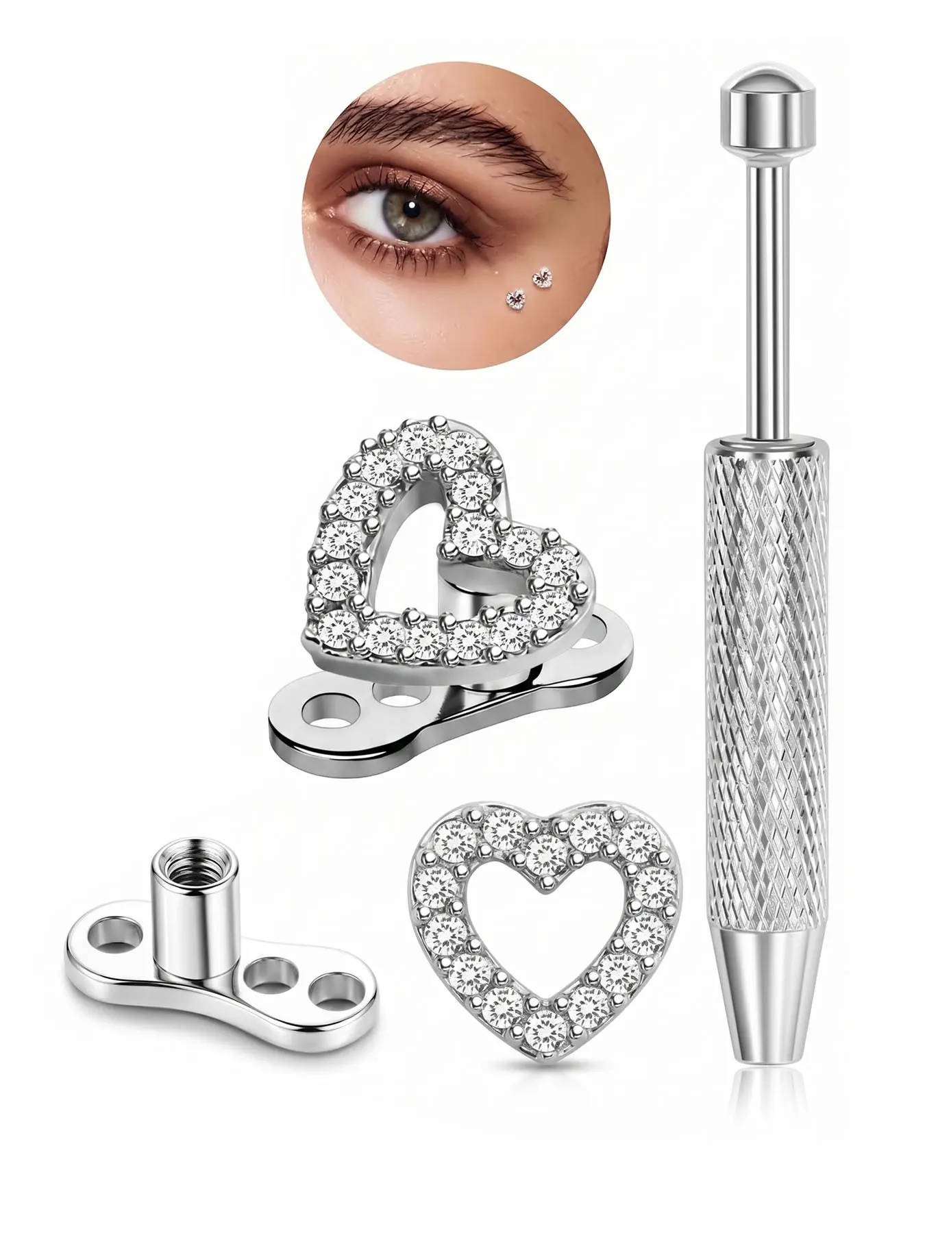 Stainless Steel Dermal Jewelry Piercing Kit, Hypoallergenic 5A CZ Heart Dermal Top, Internally Threaded Stud, Body Piercing Jewelry for Women Pierce