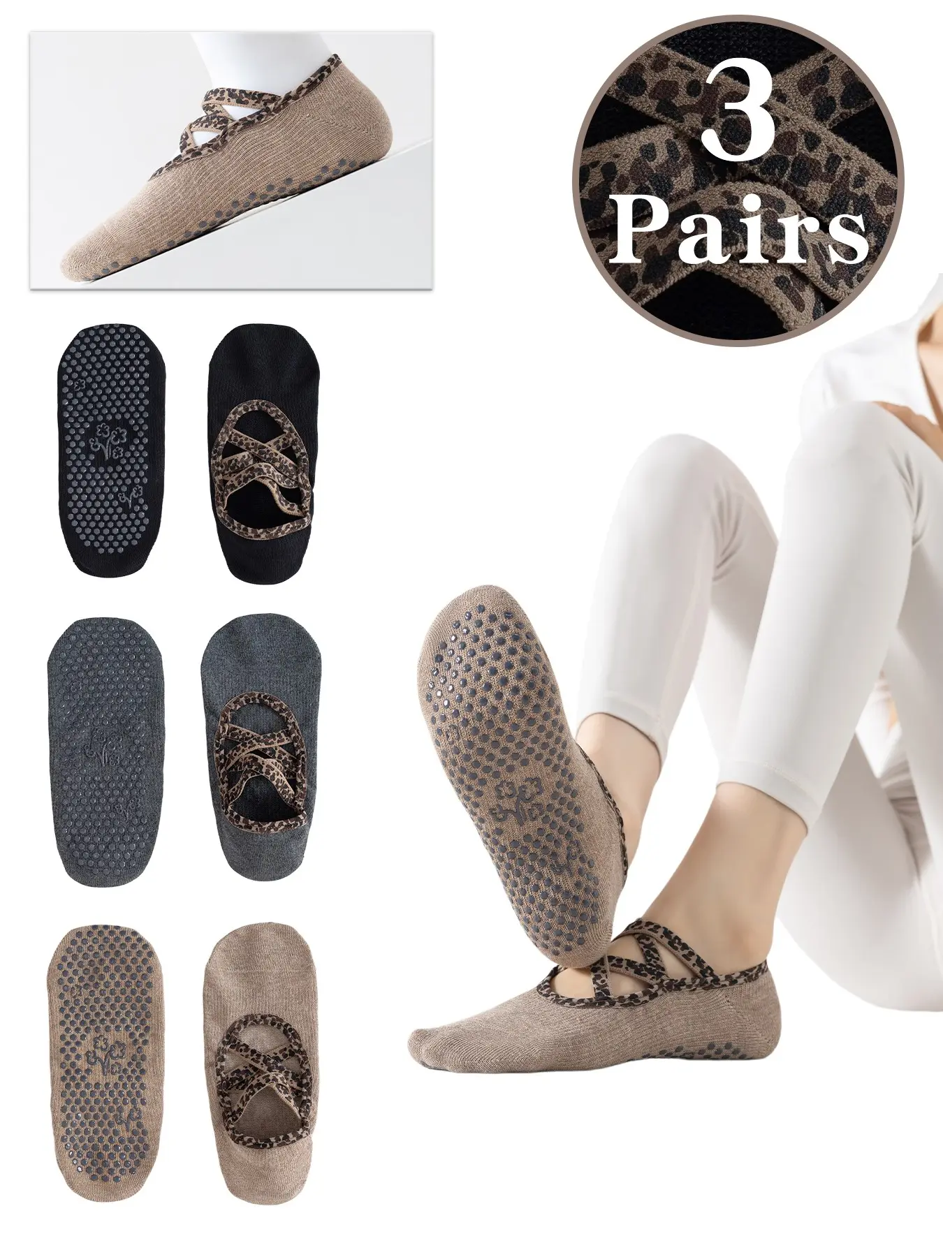 3 Pack Women's Yoga Socks with Grips, Non-Slip Pilates Barre Socks, Comfortable Footwear for Exercise, Ideal for Fitness Enthusiasts